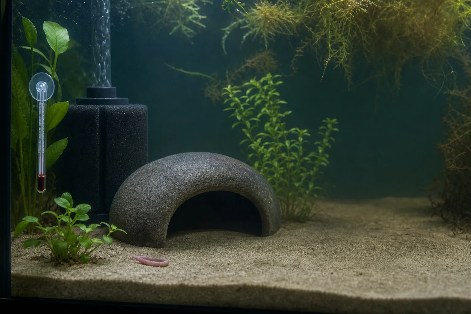 Photo-style scene of a cool freshwater axolotl tank setup with a hide, gentle filtration and no visible animal.