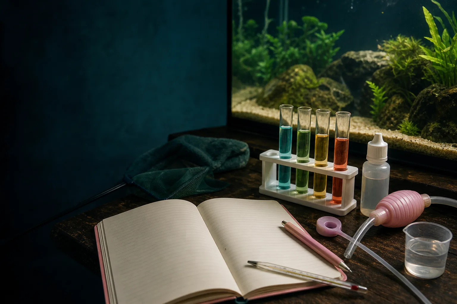 Photo-style scene of aquarium water test tubes, thermometer and a keeper notebook beside a tank.